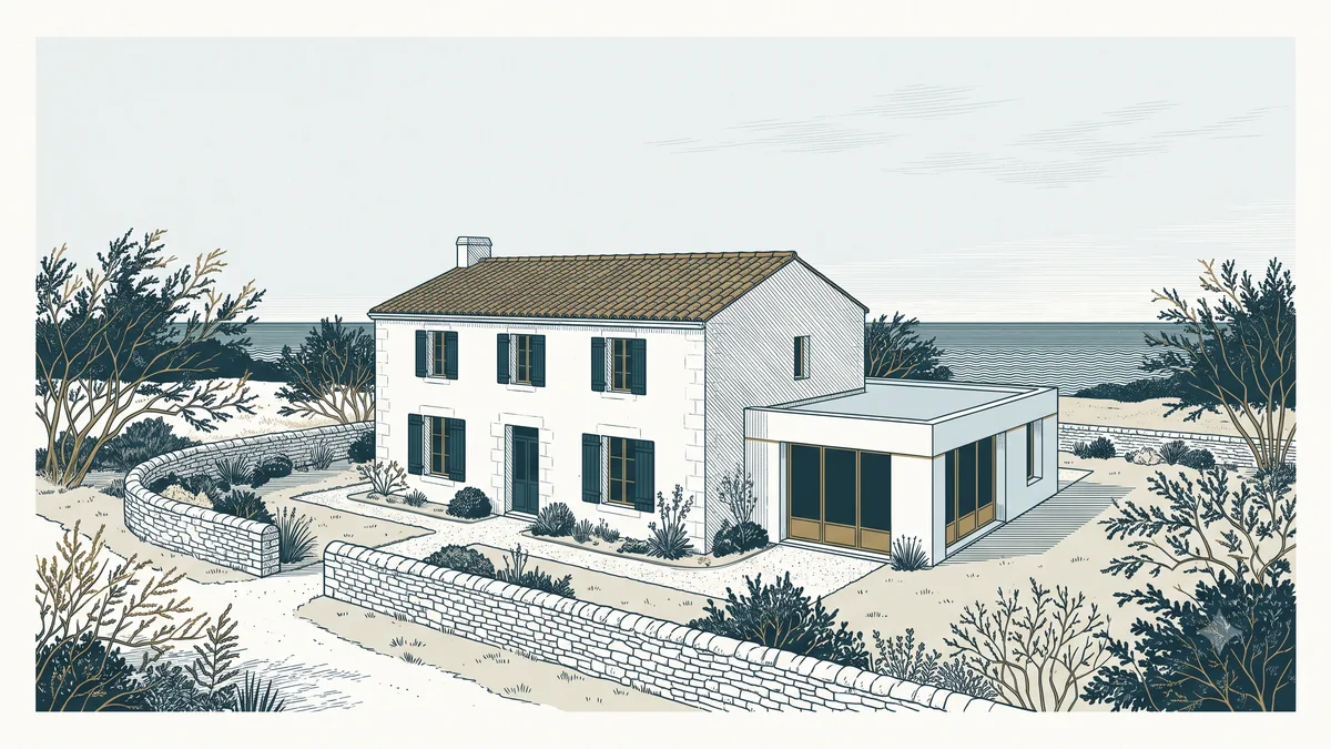 Maison charentaise en pierre blanche avec une extension contemporaine basse greffée à l'arrière