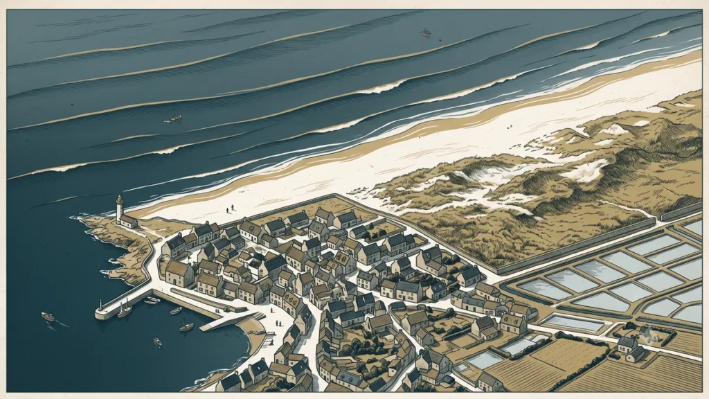 Vue aérienne d'un village littoral atlantique dont le bâti s'arrête net avant la dune et la plage