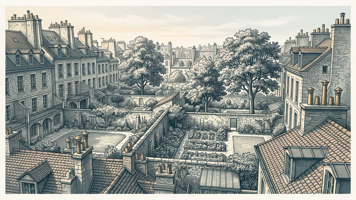 Jardins clos et grands arbres au cœur d'un îlot urbain, vus depuis un toit