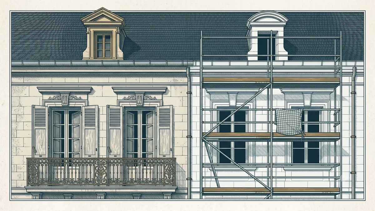 Façade en pierre de taille aux encadrements moulurés, avec un échafaudage de ravalement