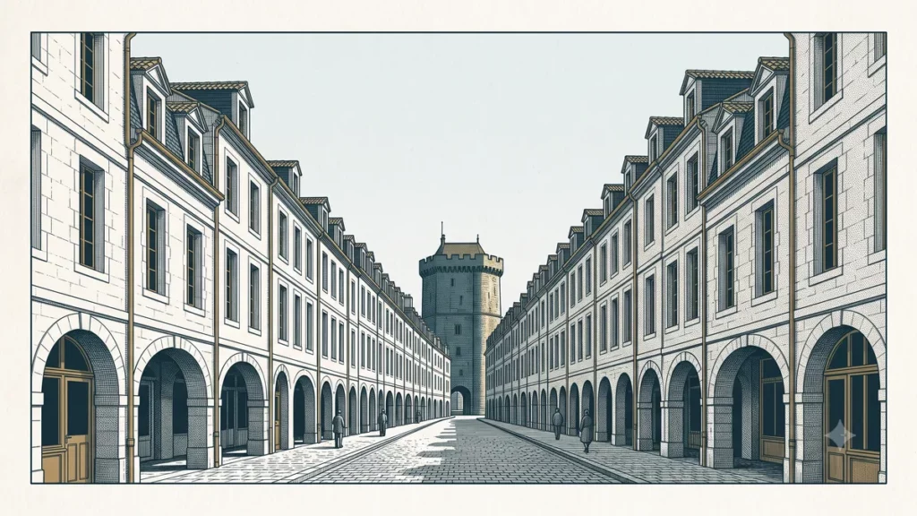 Rue ancienne de La Rochelle bordée de façades en pierre alignées et de hauteurs homogènes