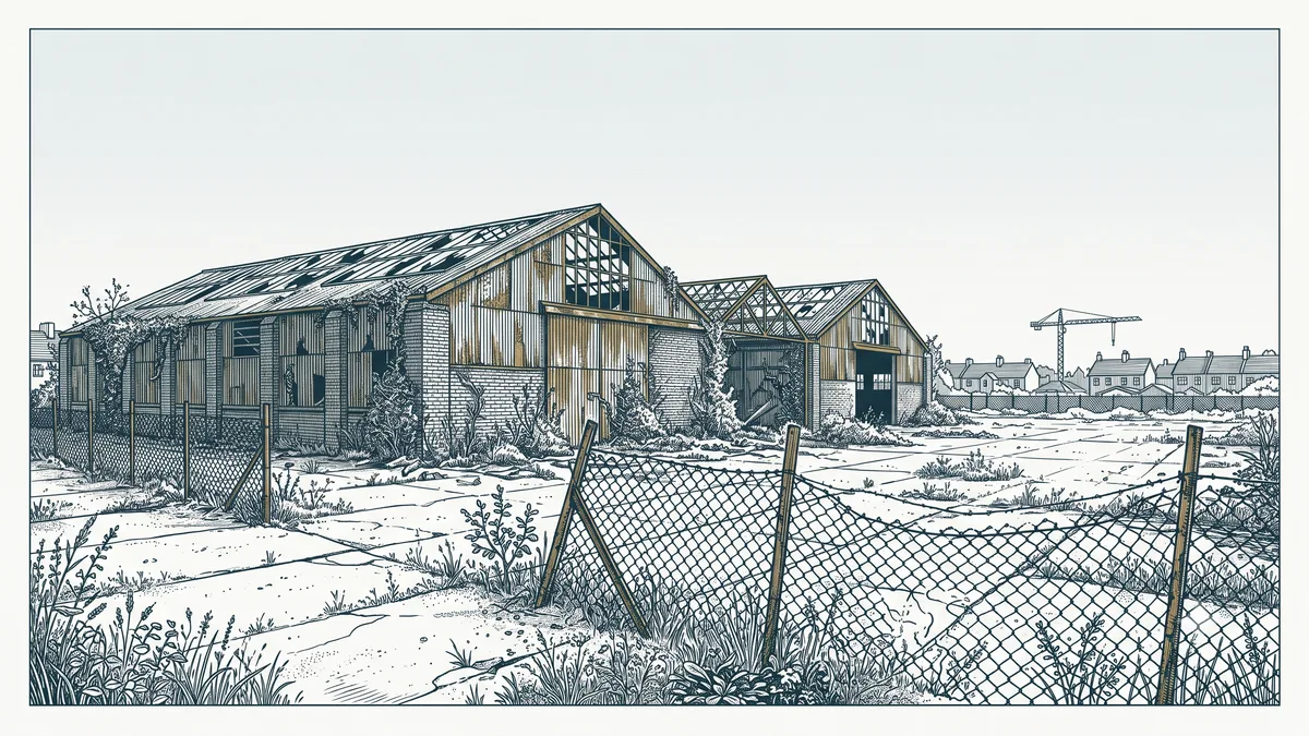 Ancienne emprise industrielle en friche avec hangars désaffectés en bordure de ville