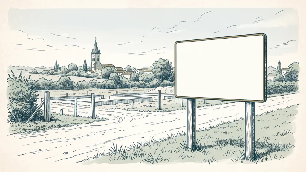 Panneau rectangulaire planté sur deux montants de bois à l'entrée d'un terrain, visible depuis la route