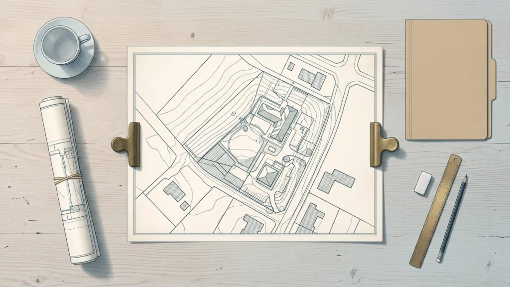 Table de travail vue de dessus : plan de masse déroulé, plan roulé, chemise fermée, règle et crayon