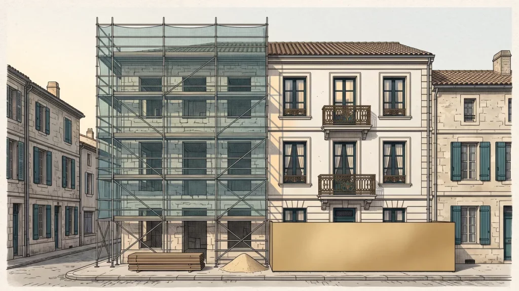 Petit immeuble de ville en construction, une partie de la façade sous échafaudage, l'autre achevée