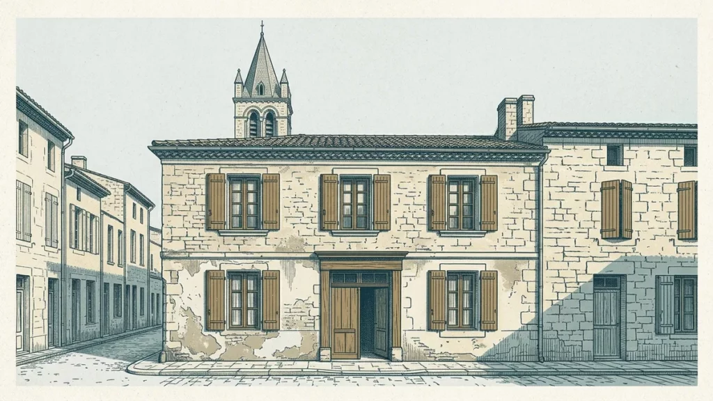 Façade de maison de ville en pierre claire dans un centre ancien, clocher visible en même temps qu'elle