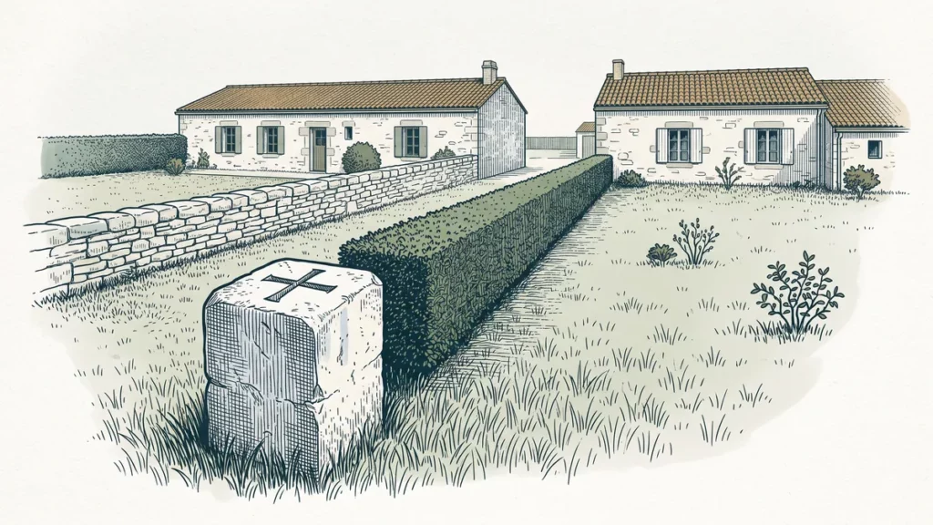 Borne de pierre gravée plantée en limite entre deux jardins, muret de pierre sèche d'un côté, haie taillée de l'autre
