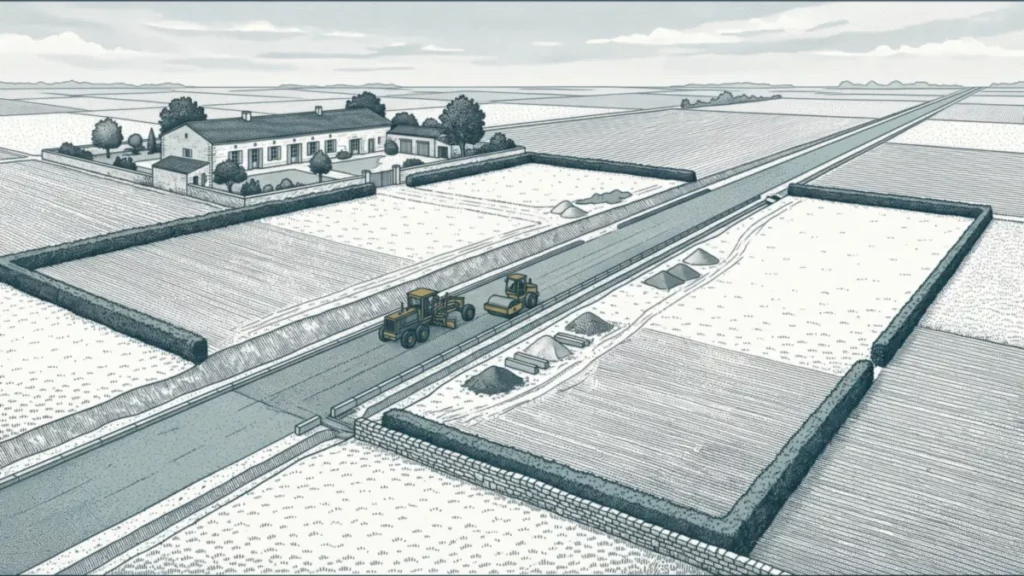 Route en construction traversant une parcelle délimitée, maison charentaise intacte à l'extrémité opposée