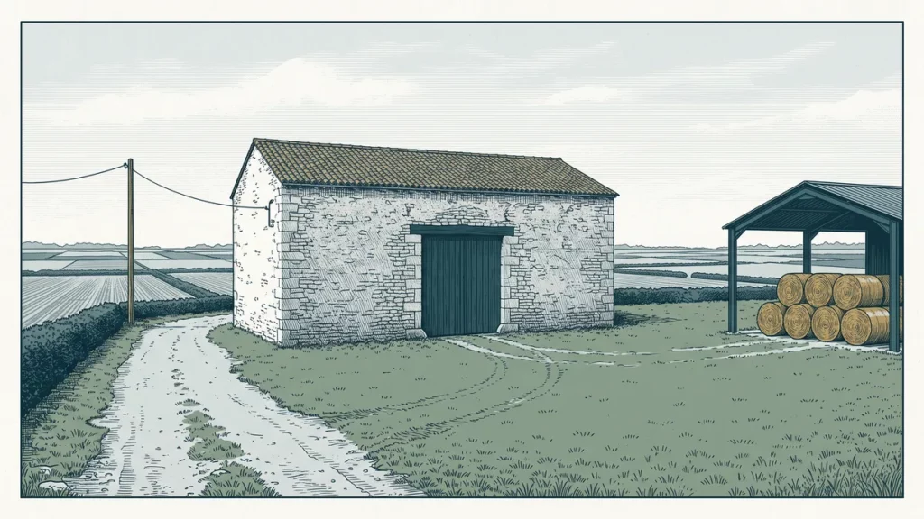 Grange de pierre à haute porte charretière entourée de champs, avec un hangar agricole en activité à proximité