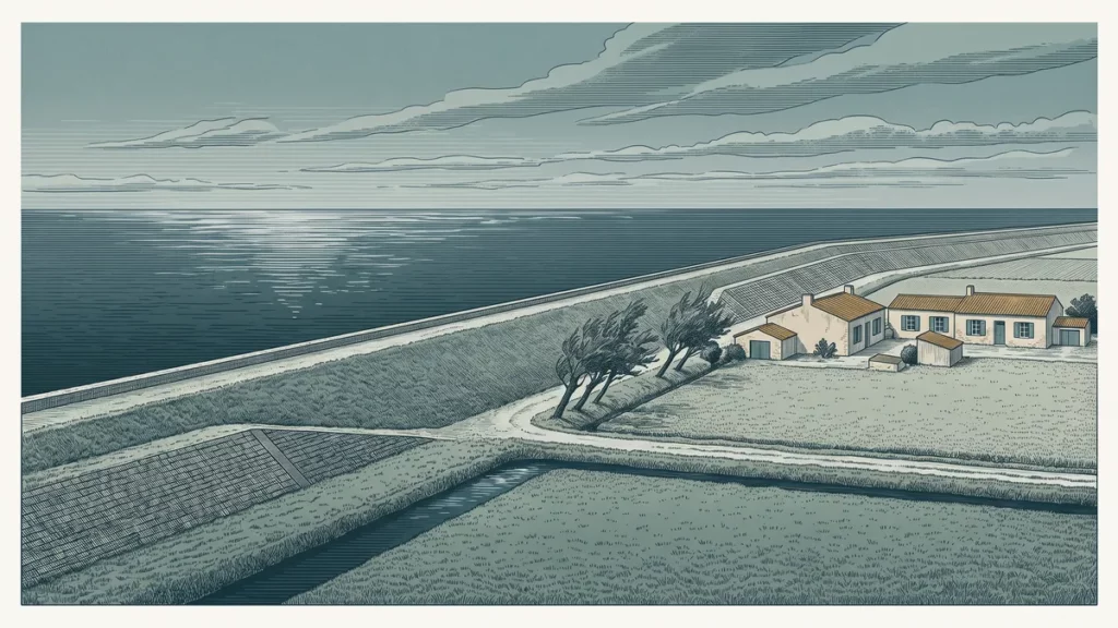 Digue de pierre en bord de mer, terrains bas et maisons charentaises situés en contrebas à l'arrière de l'ouvrage